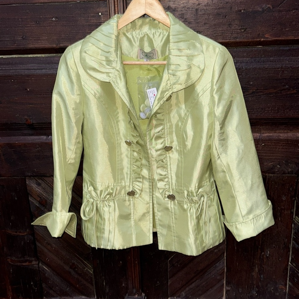 McCulleys ruffle front open jacket sherbert green